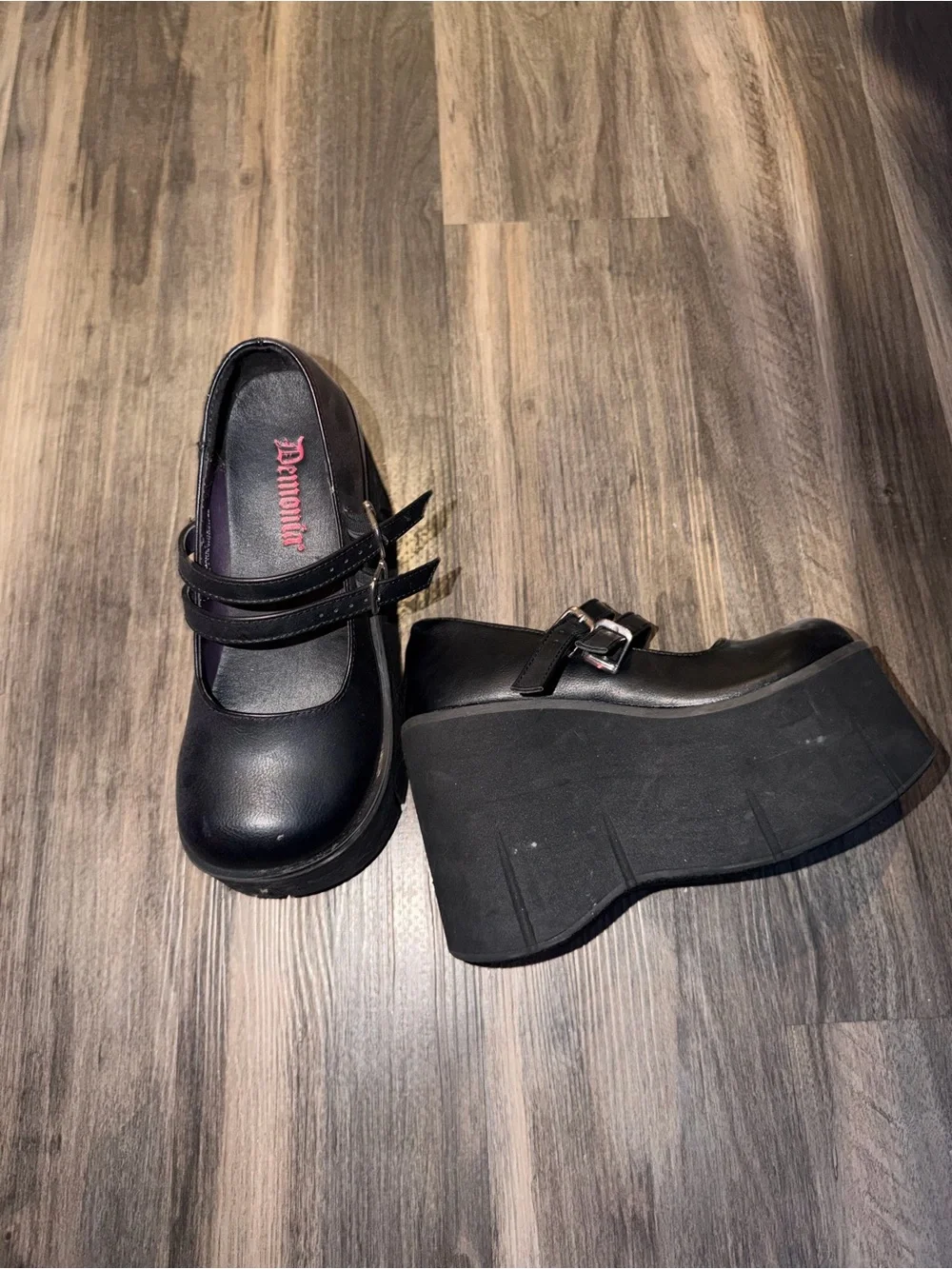 Demonia Black Chunky Platform Mary Janes with Double Buckles